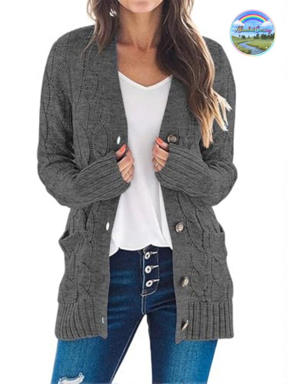 Cable Knit Button Down Cardigan Sweater Long Sleeve V-Neck